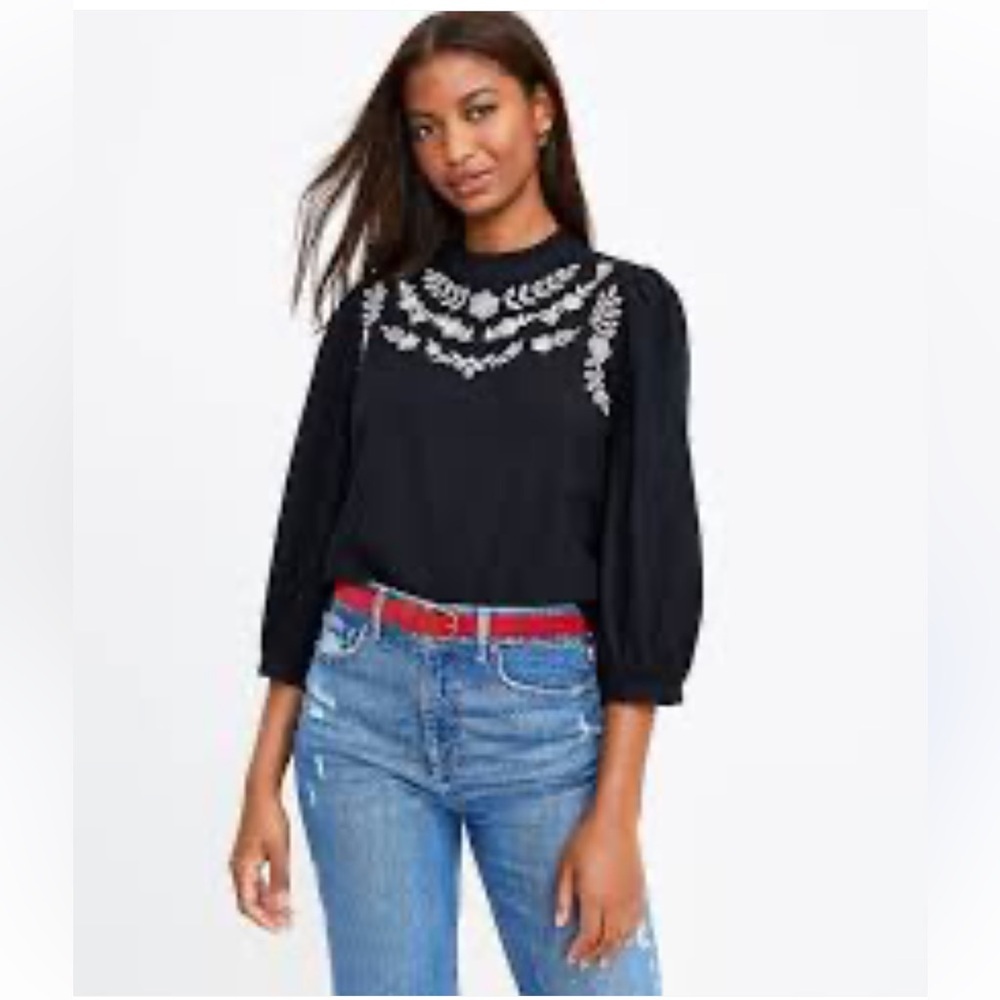 Loft Cotton Eyelet Embroidered Peasant Floral Quarter Sleeve Blouse